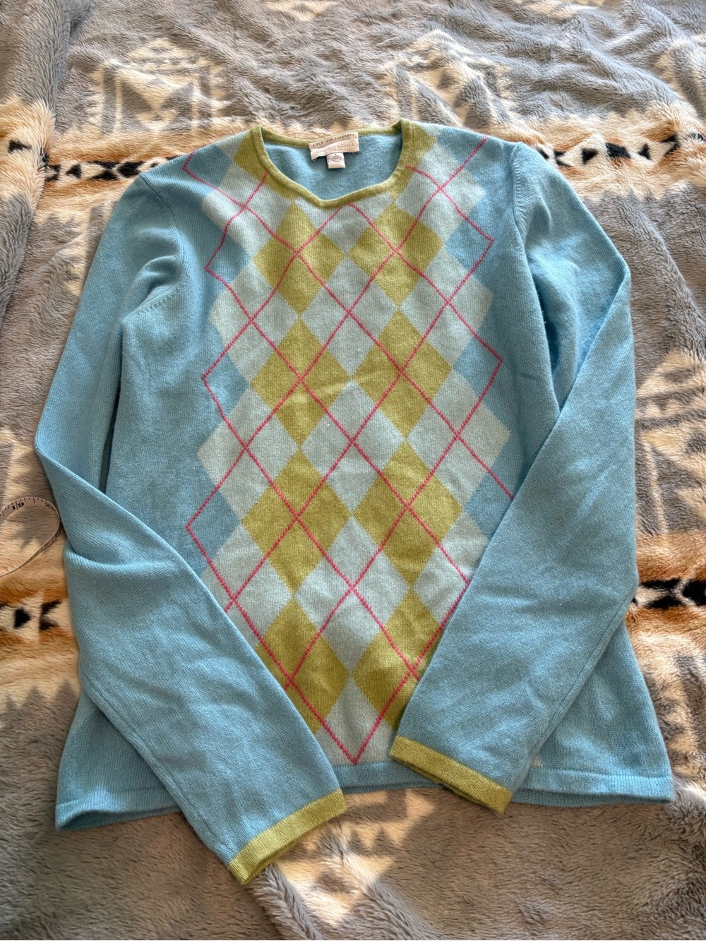 Charter Club Light Blue Argyle Crewneck Sweater with Green Trim